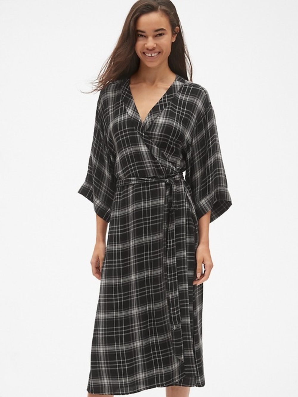 Gap Sz XL Flannel Plaid Black Relaxed Wrap Midi Dress